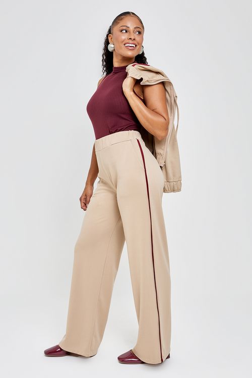 Calca fem casual 4578 elastico friso beg bege claro