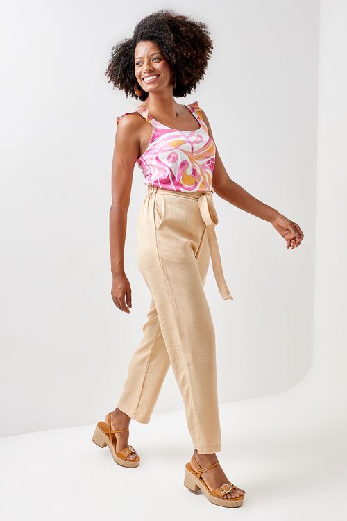 Calça Feminina Casual Caedu Cinto Amarração Bege Médio