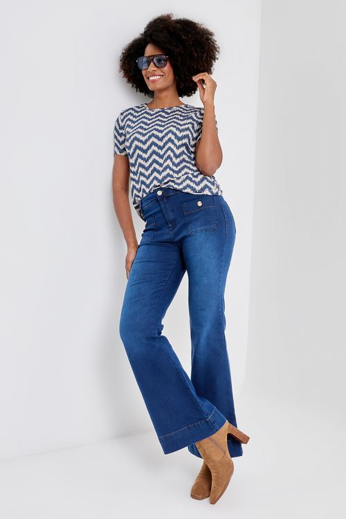Calça fem cs 60351 flare bolsinho fronta jeans azul escuro