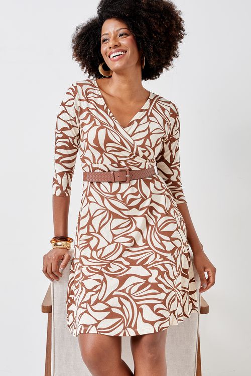 Vestido fem casual 7/8 transpassado est estampado