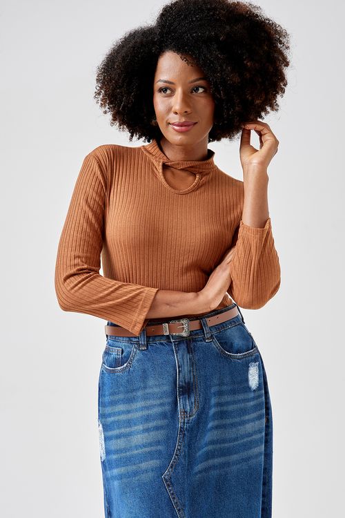 Blusa fem casual 94816 m/l g/a cut out marrom claro