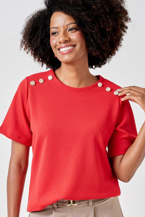 Blusa Feminina City Manga Curta Botões Vermelho Médio