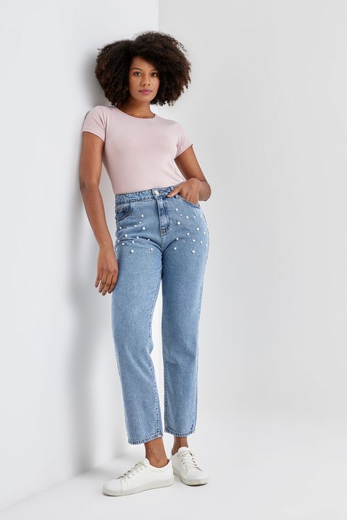 Calca fem aj 6111070 mom perolas jns cla jeans claro