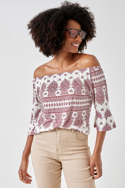 Blusa fem casual m/c ciganinha estamp estampado