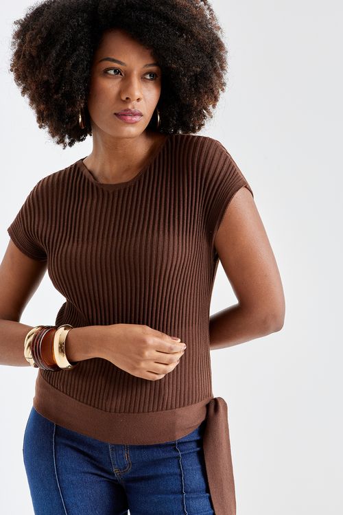 Blusa fem casual c002 m/c tricot marrom marrom escuro