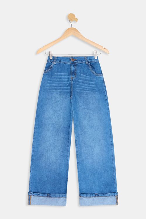 Calça Jeans Juvenil Meninas Wide Leg Barra Dobrada Azul Médio Tam 10 a 16