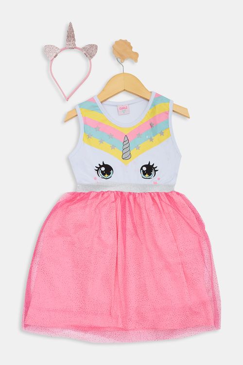 Vestido Infantil Meninas de Unicórnio com Tiara Rosa Neon Tam 4 a 8