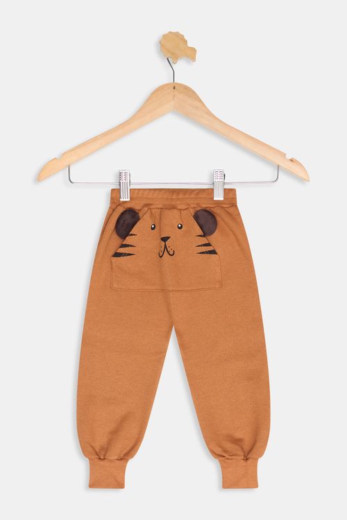 Calça Infantil Meninos com Bolso e Estampa de Tigre Marrom Tam 1 a 3