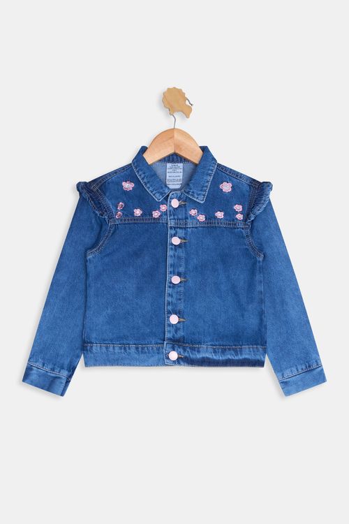 Jaqueta Jeans Infantil Caedu com Bordado Floral e Babados