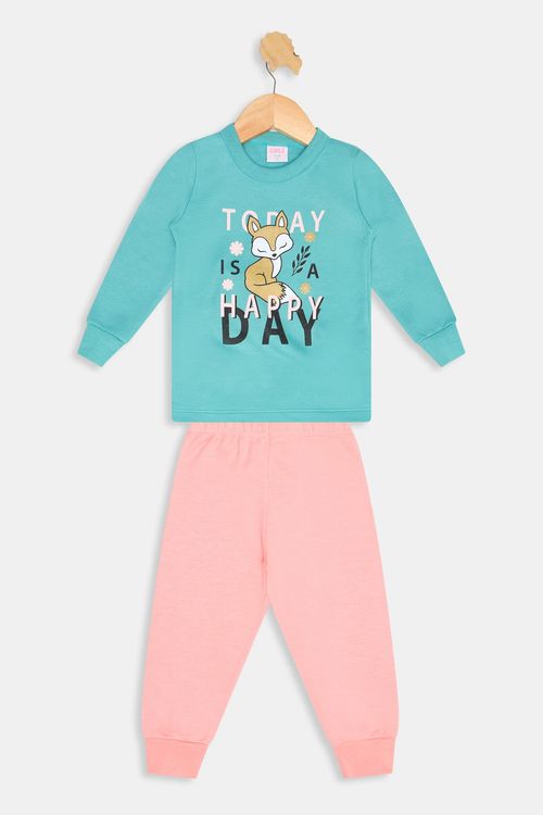 Conjunto Infantil Meninas com Estampa Raposa Verde Claro Tam 1 a 3