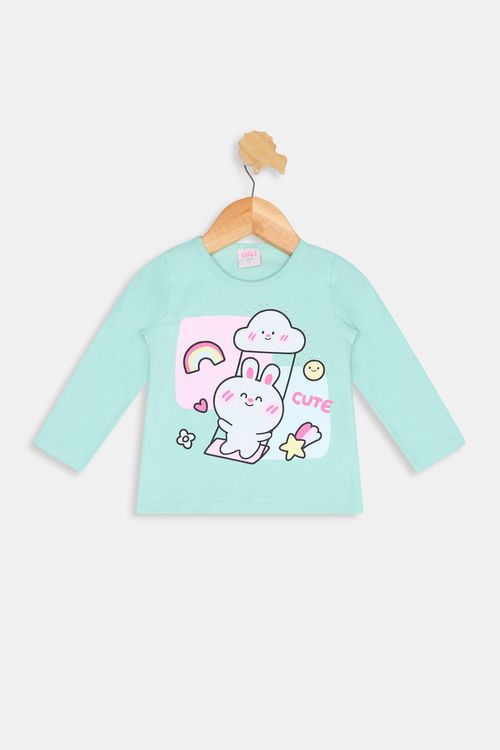 Blusa Infantil Meninas com Estampa Coelho Verde Claro Tam 1 a 3