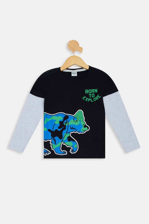 Camiseta Manga Longa Infantil Meninos com Sobreposição Urso Azul Escuro Tam 4 a 8