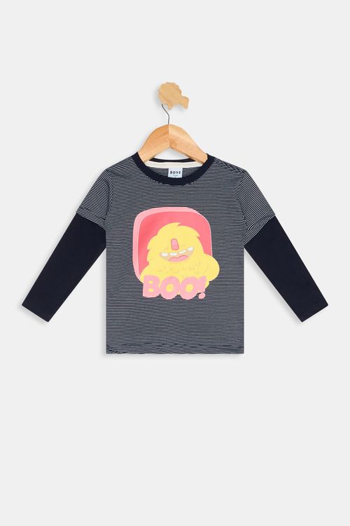 Camiseta Infantil Meninos com Listras e Estampa Monstro Azul Escuro Tam 1 a 3