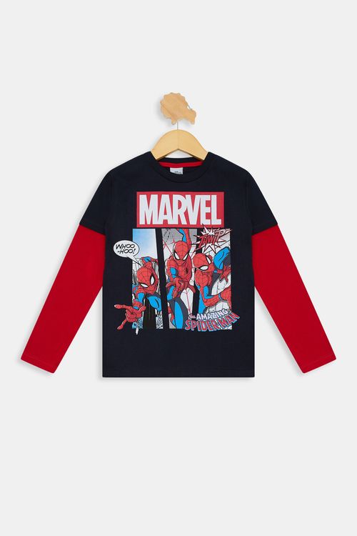 Camiseta Manga Longa Infantil Meninos Spider Man Azul Escuro Tam 4 a 10