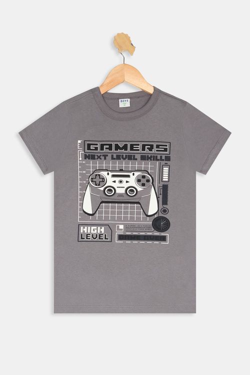 Camiseta Manga Curta Juvenil Meninos Game Cinza Escuro Tam 10 a 16