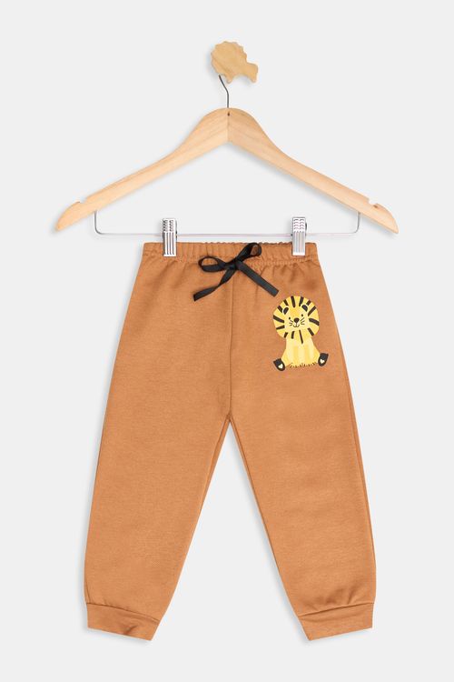 Calça Infantil Meninos Estampa Leão Bege Escuro Tam 1 a 3