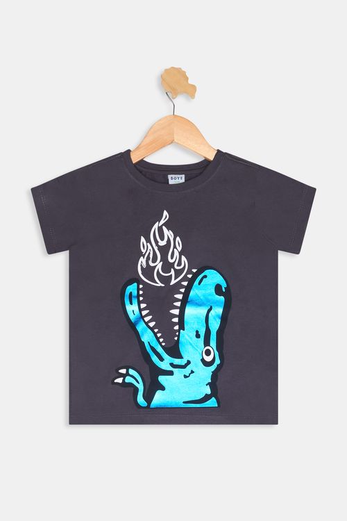 Camiseta Infantil Meninos Manga Curta Dinossauro Cinza Escuro Tam 4 a 8
