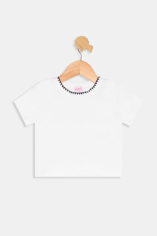 Blusa Infantil Meninas com Piquet Manga Curta Off White Tam 4 a 8
