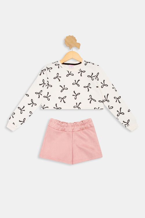 Conjunto Infantil Caedu Blusa Laços Off White Shorts Rosa