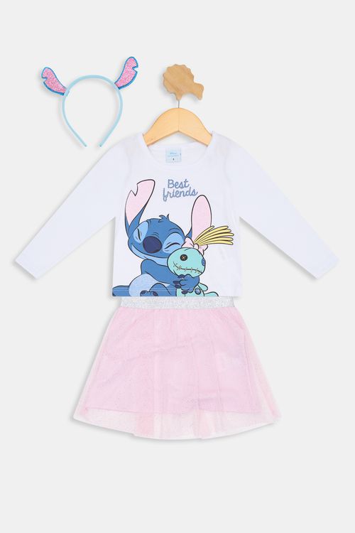 Conj inf1/3nas 37455 stitch saia tule branco