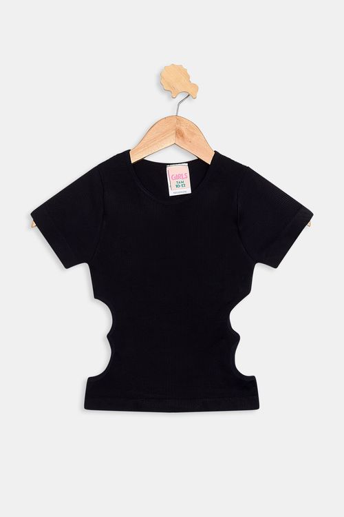 Blusa Infantil Caedu Malha Canelada Preta Recorte Ondulado