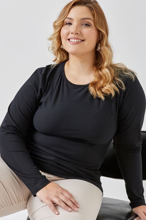 Blusa Feminina Caedu Algodão Manga Longa Preta Conforto