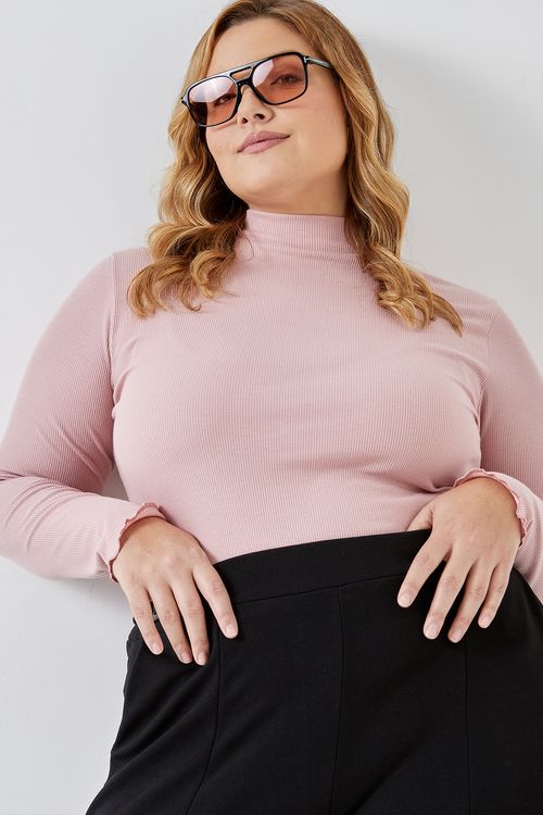 Blusa Feminina Ribana Rosa Manga Longa Gola Alta Caedu