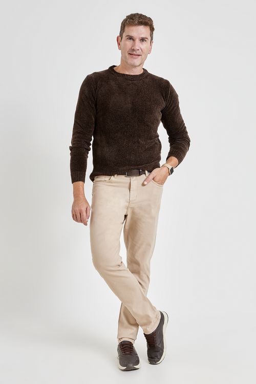 Calça Masculina Slim Sarja Caedu 5 Bolsos Bege Claro