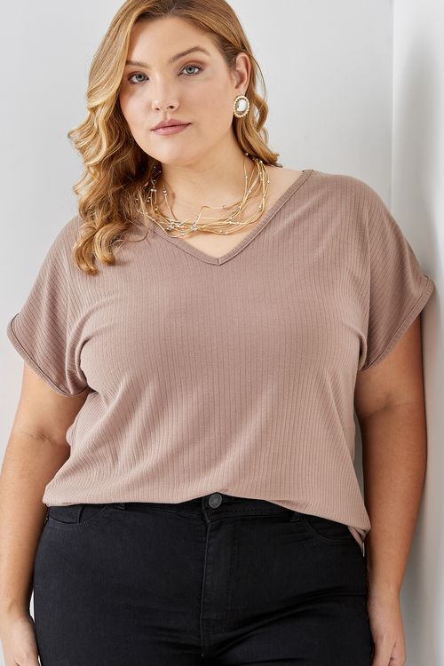 Blusa fem fpm casual rib frald.dec v beg bege escuro