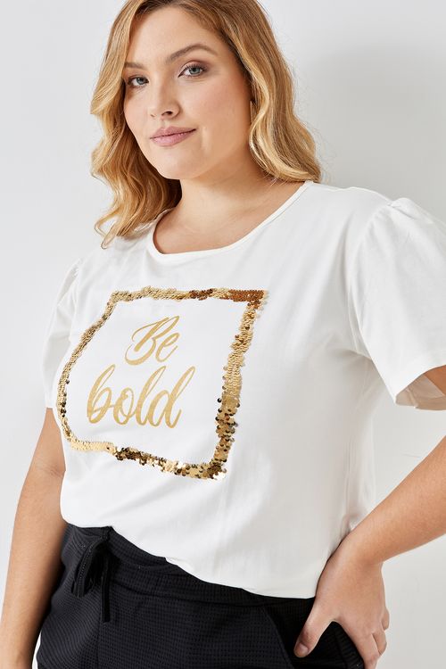 Blusa fem fpm casual mc silk e paetê off off white