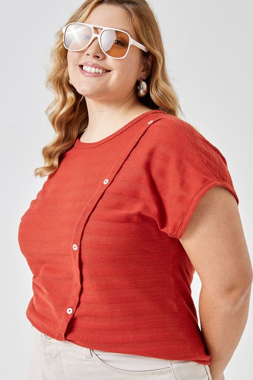 Blusa fem cas 94270 malha botoes terra laranja escuro