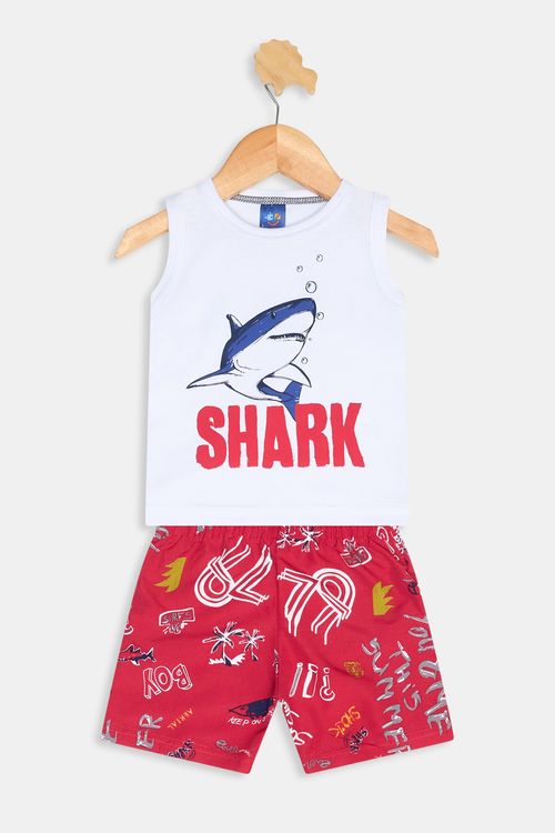 Conjunto Infantil Caedu Tubarão Regata Branca Short Vermelho