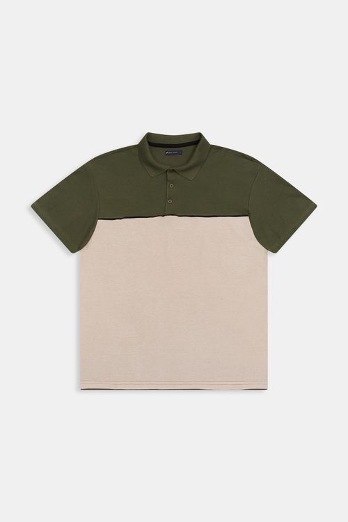 Polo Masculina Caedu Bege Recorte e Friso Manga Curta