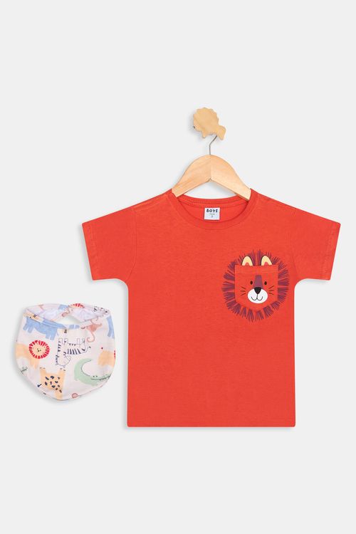 Camiseta Infantil Caedu Leão Safari com Babador Laranja