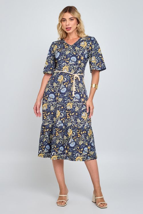 Vestido fem casual estampado azul estampado