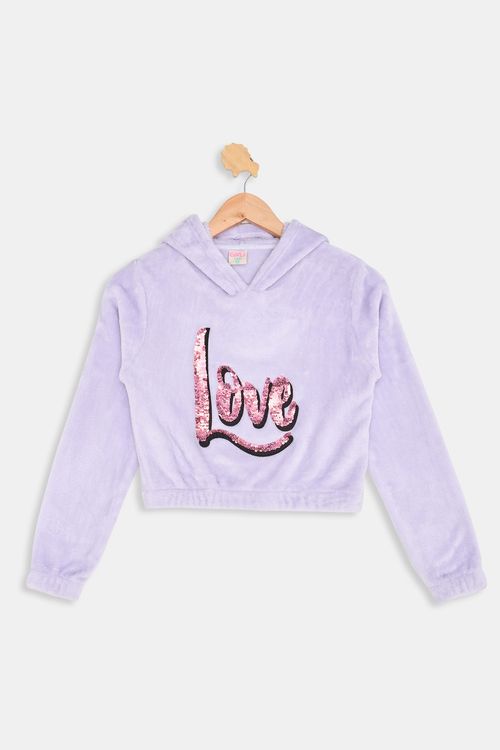 Blusa Cropped Caedu Infantil Lilás com Capuz Estampa Love
