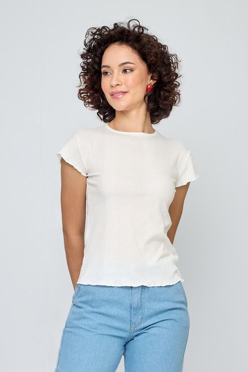 Blusa Feminina Ribana Manga Curta Irregular Off White Caedu
