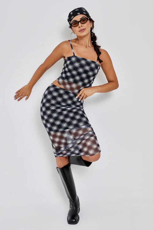 Saia Midi Tule Xadrez Estampado Feminina Caedu