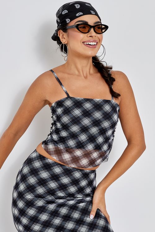 Blusa fem rom 52805 s/m tule xadrez estampado