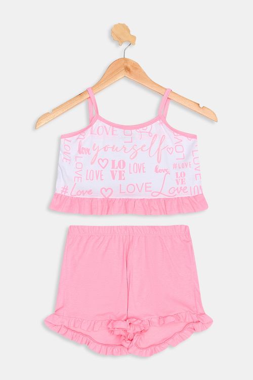 Pijama infa alca love babado rosa neon