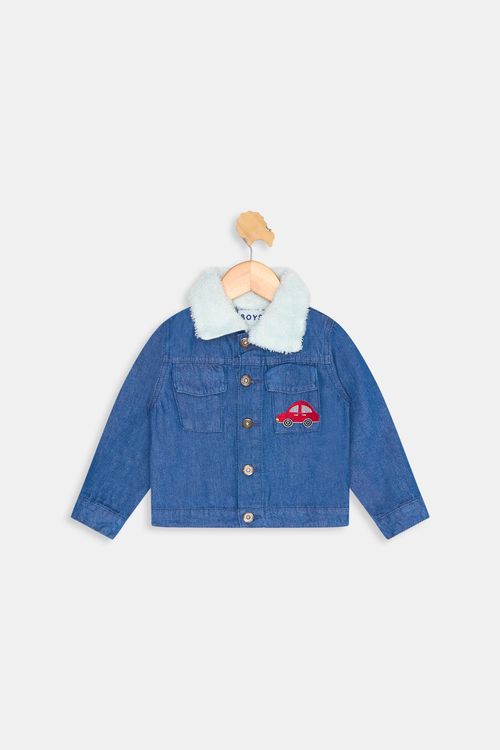 Caedu Jaqueta Jeans Infantil Menino Bordado Carro Felpa Azul