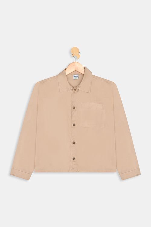Camisa Sarja Manga Longa Infantil Caedu Bege 10-16 Anos