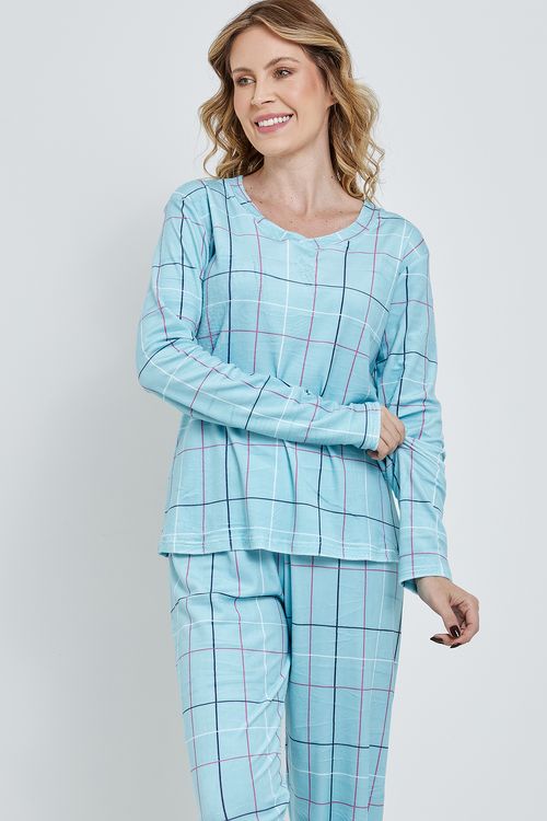 Ling cont lpj009 pijama ml velour xadrez azul medio