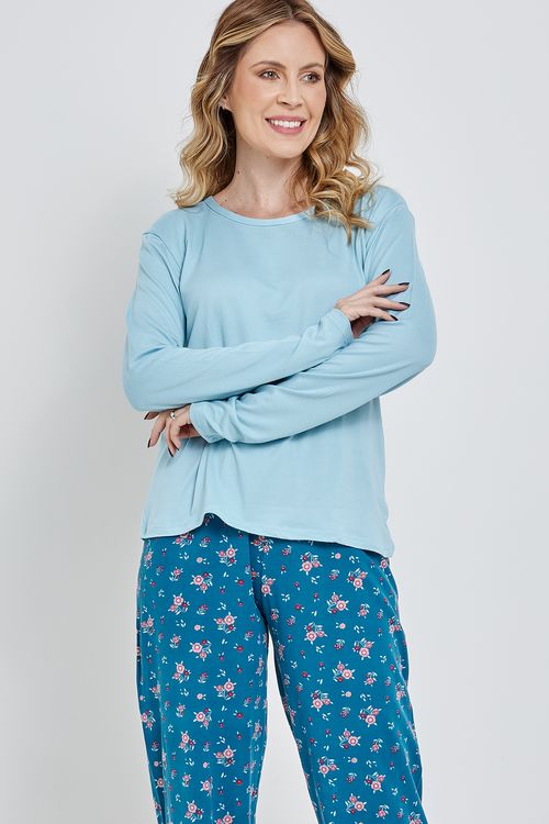 Ling pro lbj007 pijama ml poly floral az azul claro