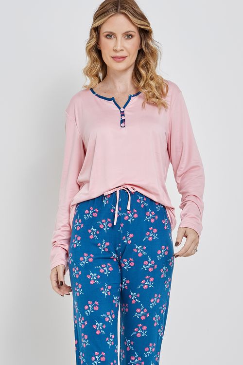 Ling cont lpj007 pijama ml polyb florido rosa claro