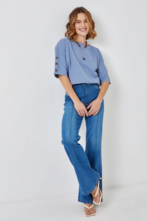 Blusa fem casual 7/8 botoes manga azul f azul claro