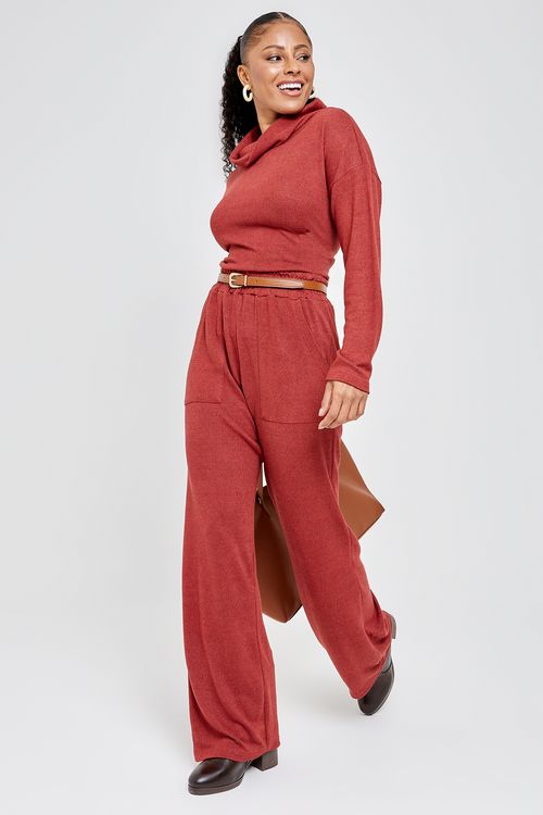 Calça Feminina Caedu Tricot Wide Leg Laranja Terra Bolso