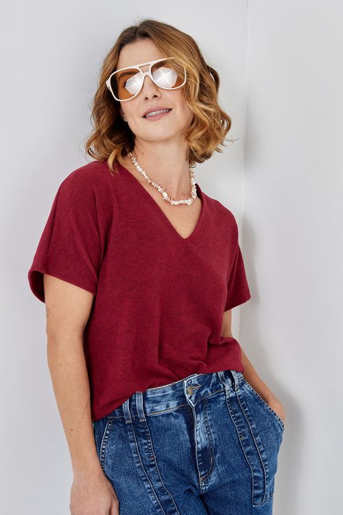 Blusa fem cas 9484 m/c tricot gola v vin roxo escuro