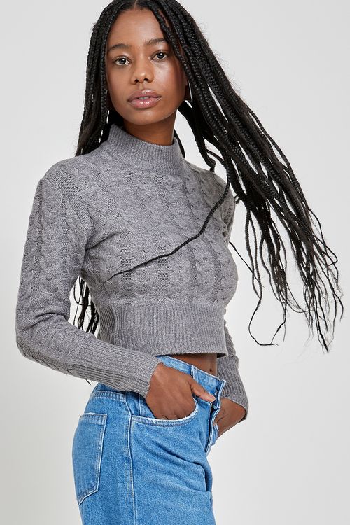 Fem rom frl065b top ml tricô gola alt me cinza escuro mescla