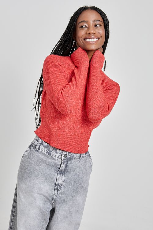 Suéter Tricot Feminino Manga Longa Raglan Vermelho Vibrante